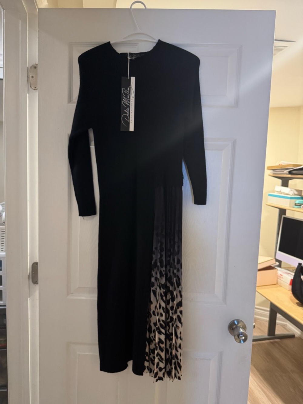 Black Midi Dress with Leopard Print Pleated Panel - Picture 3 of 3
